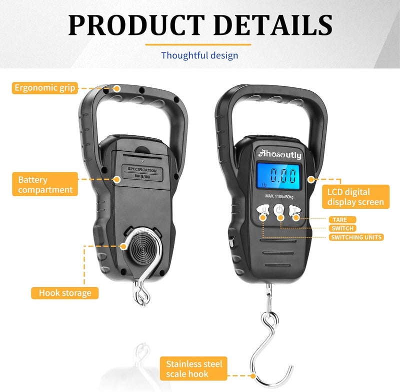 AHOSOUTLY Fish Scale,110lb/50kg Large Handle,Large Backlit LCD Display,Digital Fish Scale with Built-in Measuring Tape, Fishing Gifts for Men,Black… - Image 1